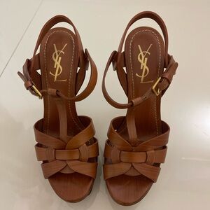 Yves Saint Laurent Tan Leather T strap Heels sandals